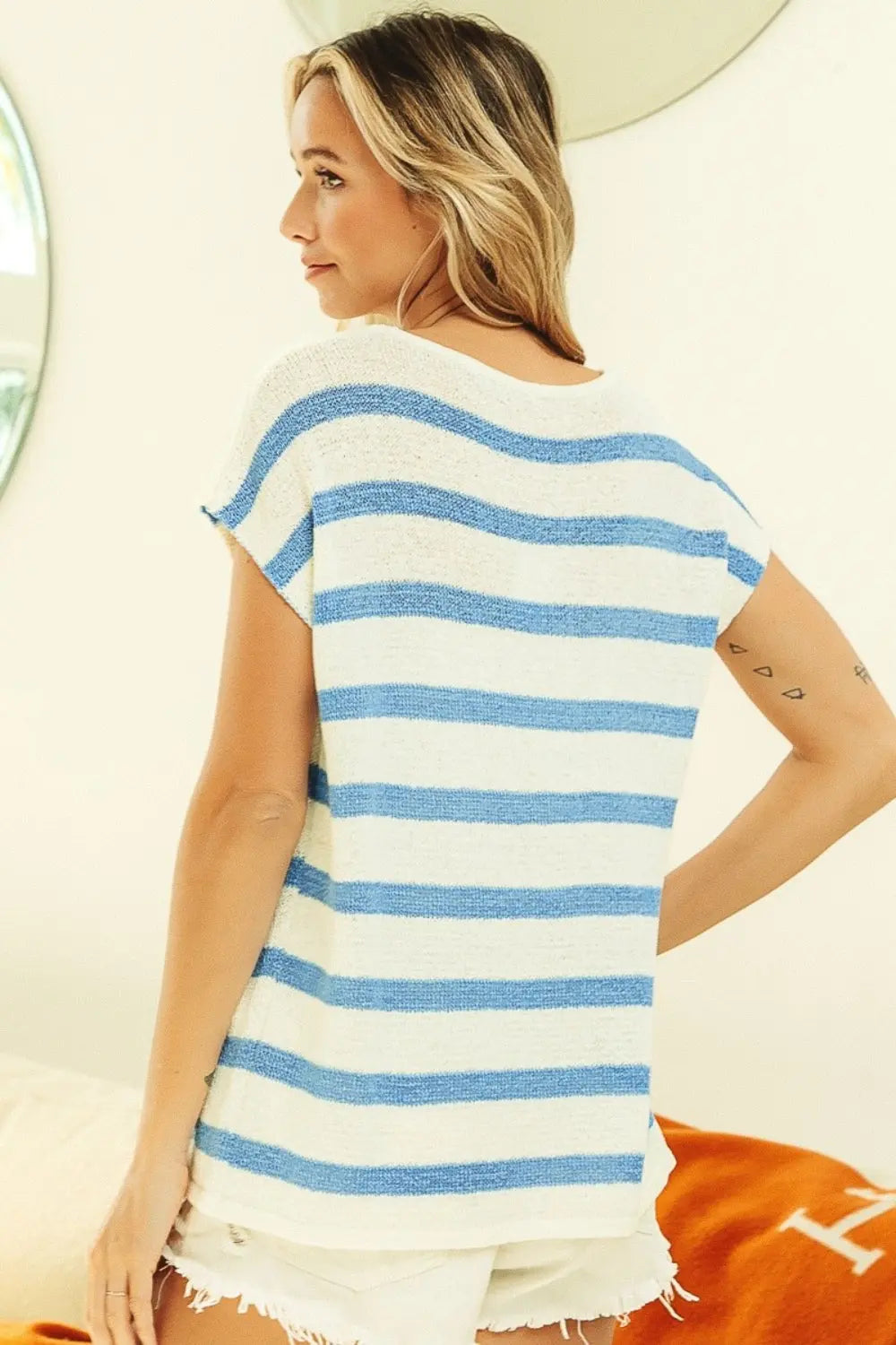 BiBi Striped Round Neck Short Sleeve Knit Top-Very Besty