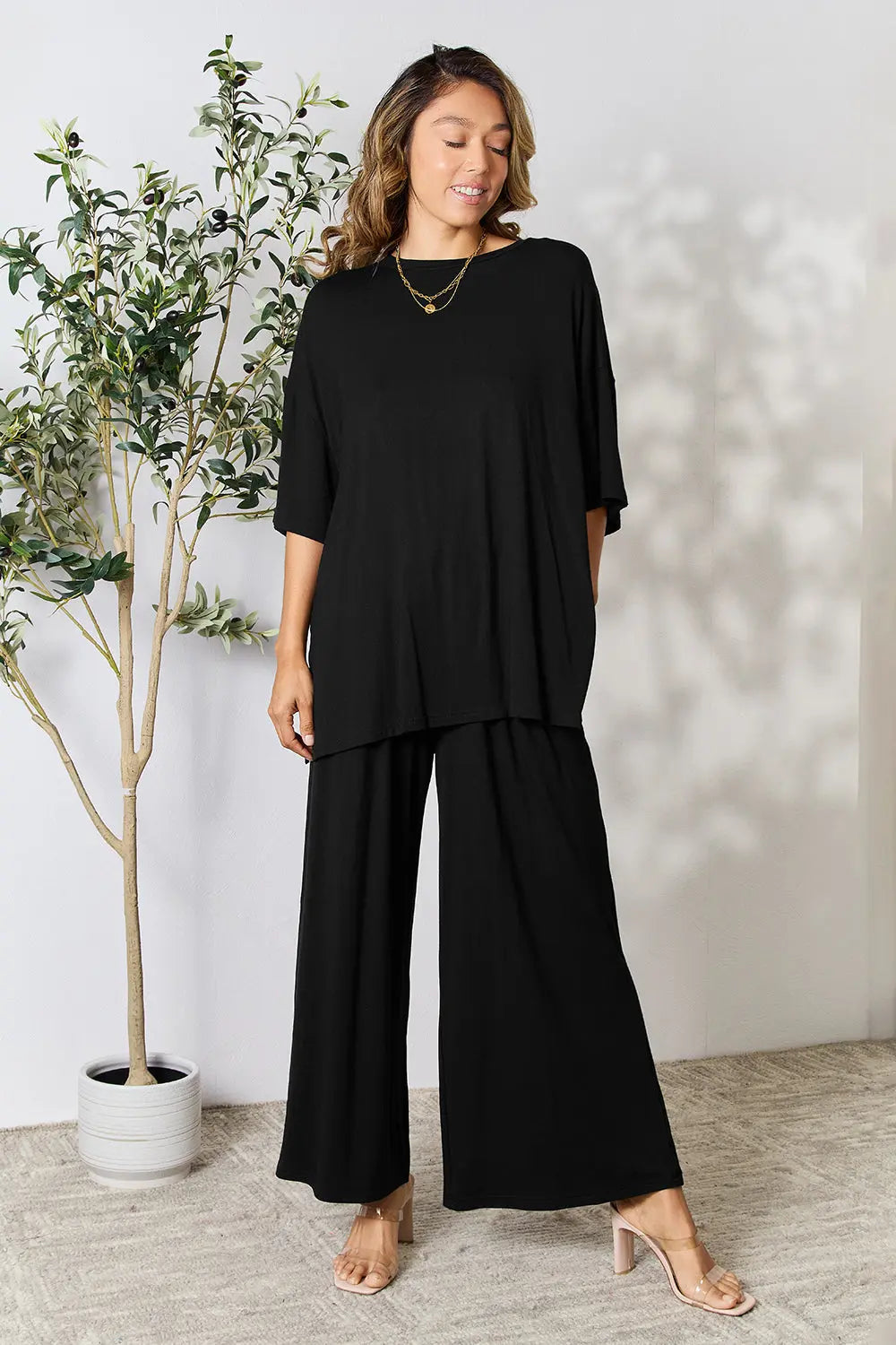 Double Take Full Size Round Neck Slit Top and Pants Set-Very Besty