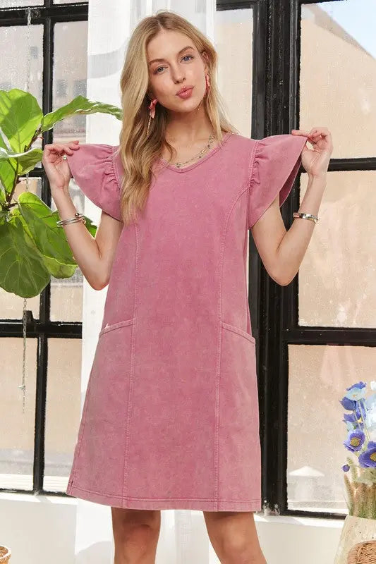 ADORA Mineral Washed V-Neck Ruffled Cap Sleeve Dress-Very Besty