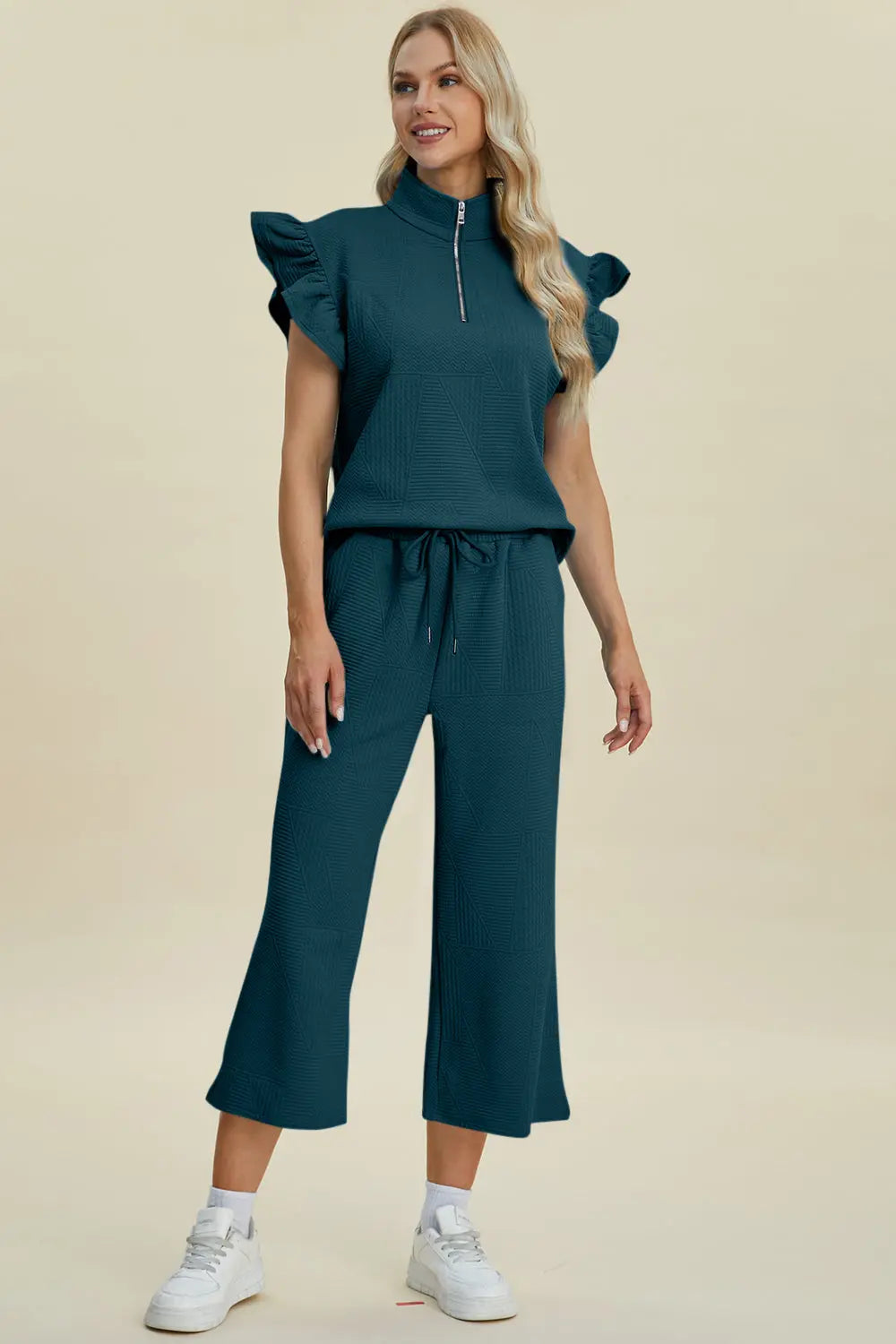 Double Take Full Size Texture Ruffle Short Sleeve Top and Wide Leg Pants Set-Very Besty