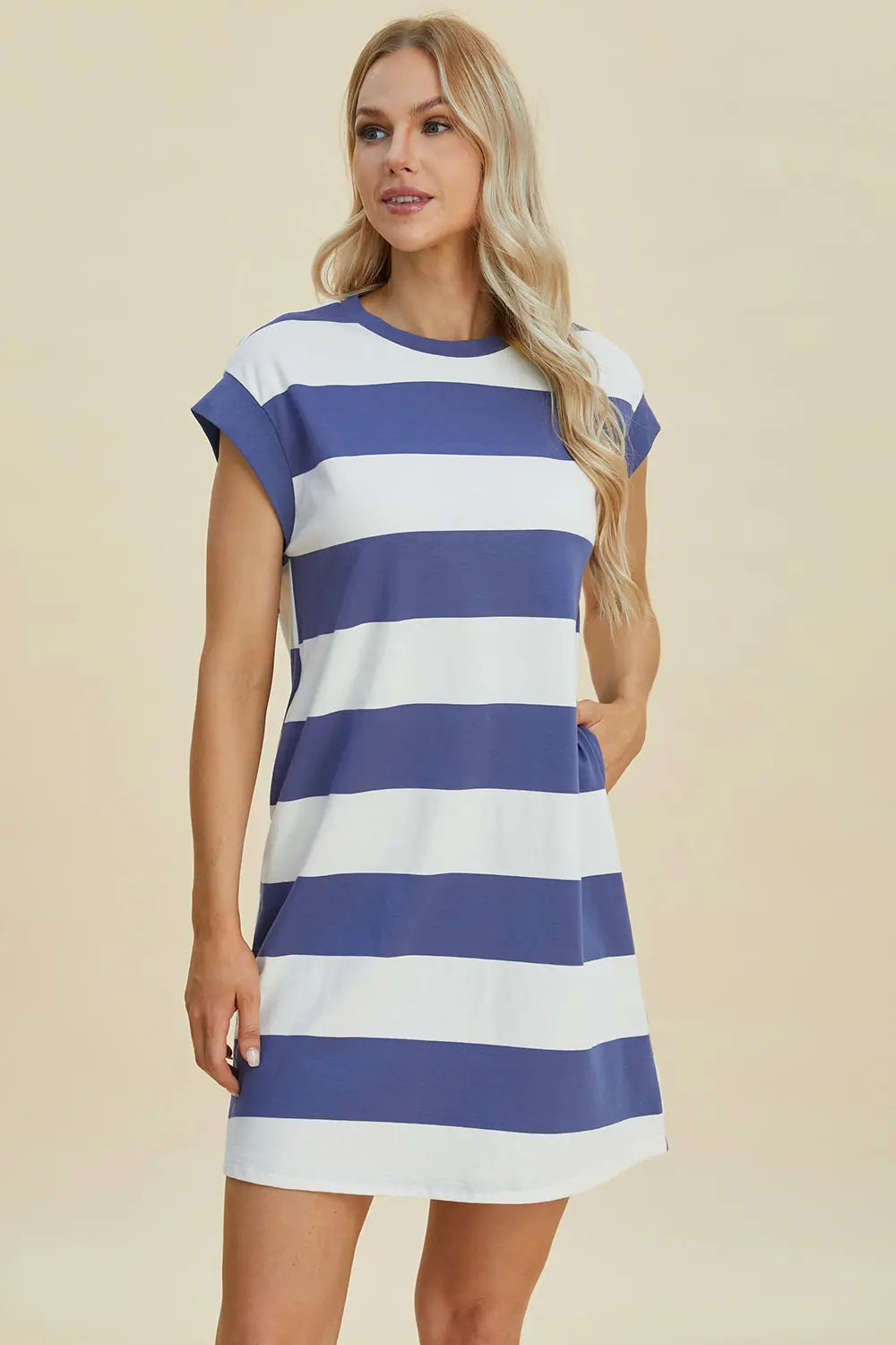 Basic Bae Full Size Striped Round Neck Cap Sleeve Mini Dress-Very Besty