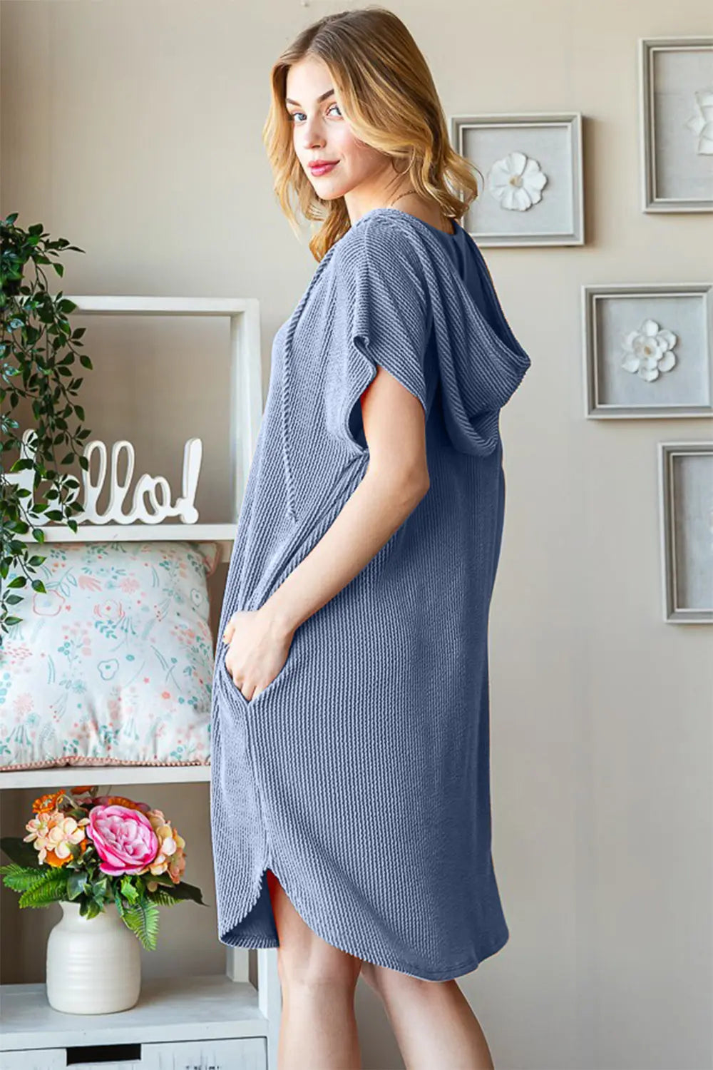 Heimish Full Size Ribbed Short Sleeve Hooded Dress-Very Besty