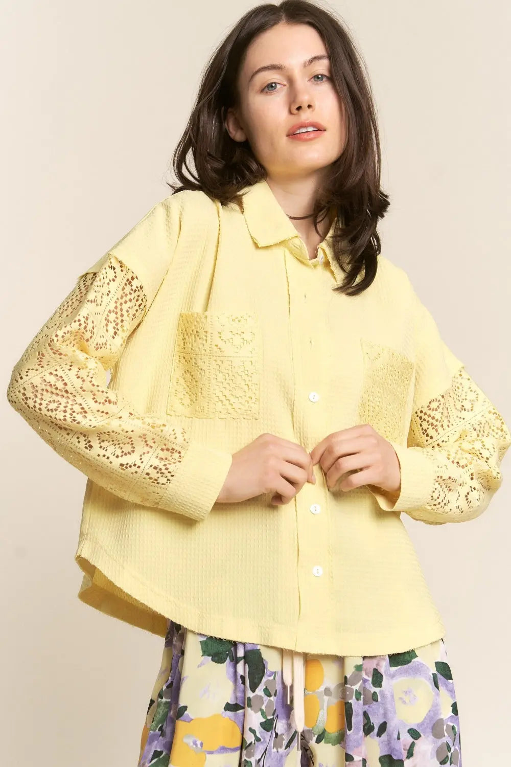 J.NNA Button Down Lace Long Sleeve Waffle Shirt-Very Besty