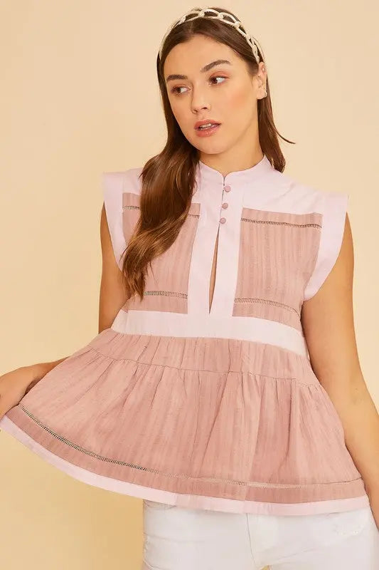 Annie Wear Contrast Trim Peplum Button Detail Blouse-Very Besty