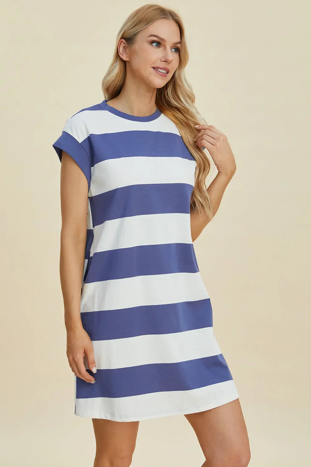 Basic Bae Full Size Striped Round Neck Cap Sleeve Mini Dress-Very Besty