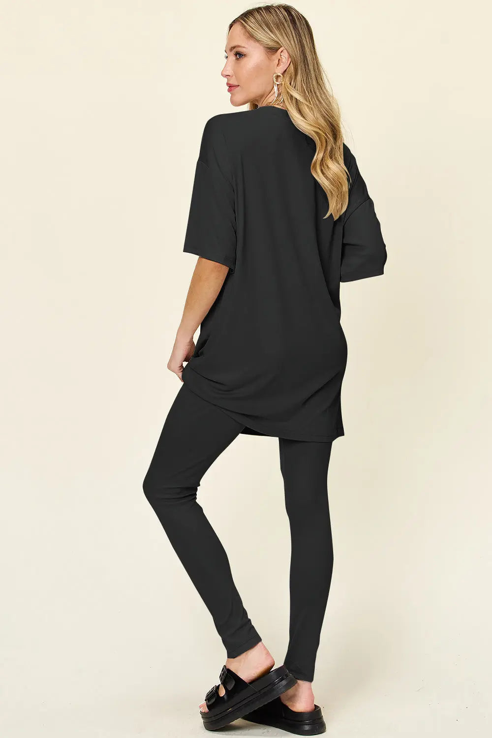 Double Take Full Size Round Neck Dropped Shoulder T-Shirt and Leggings Set-Very Besty