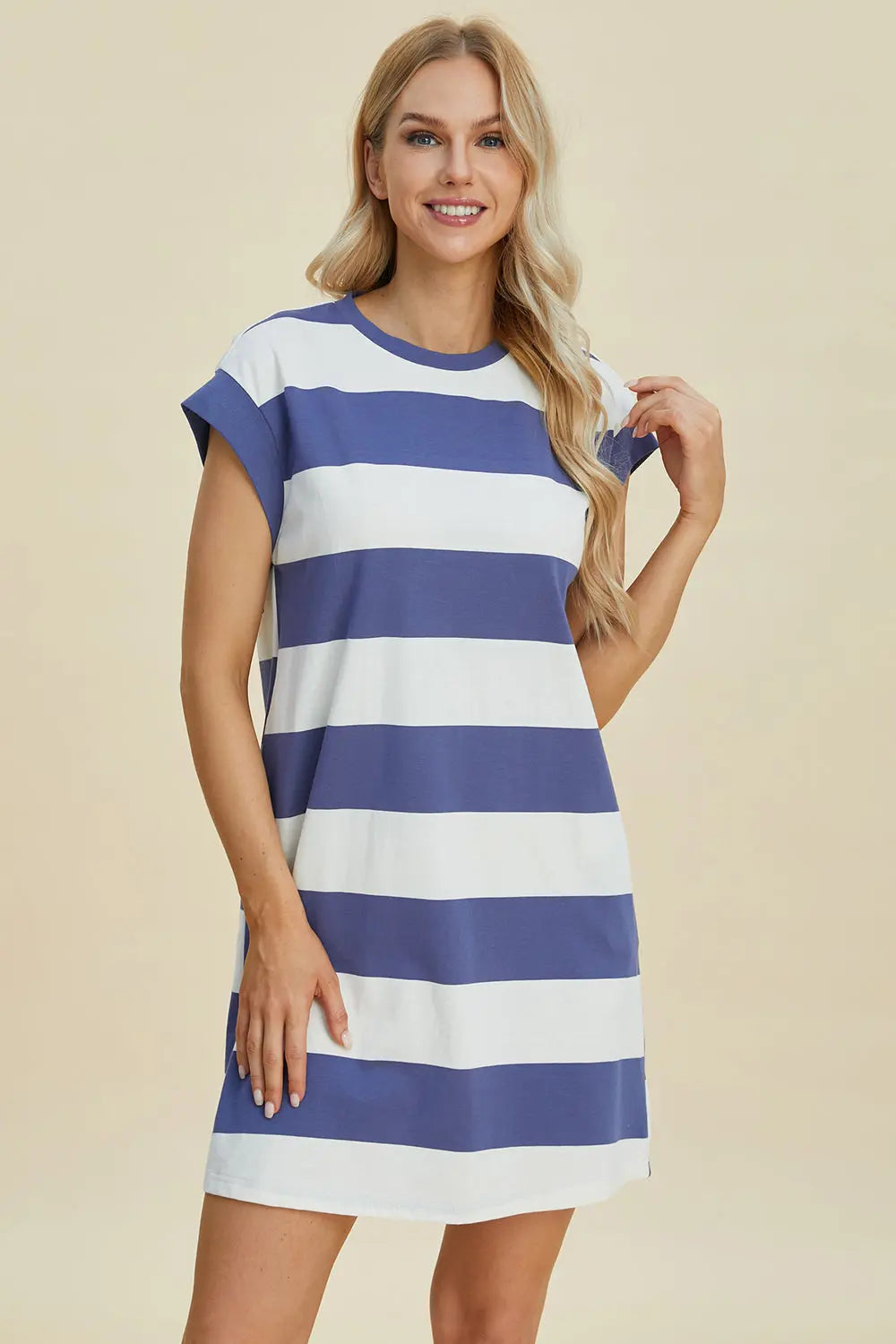 Basic Bae Full Size Striped Round Neck Cap Sleeve Mini Dress-Very Besty