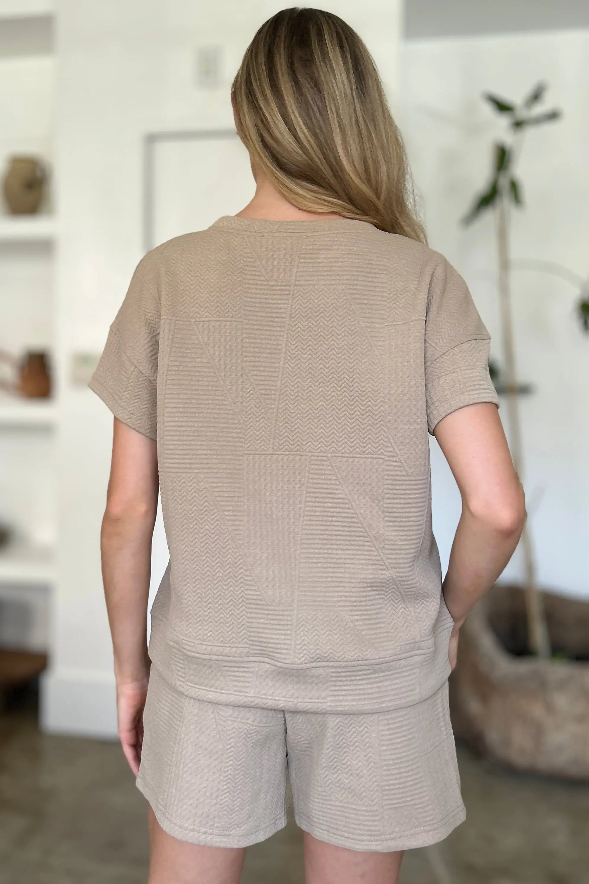 Double Take Full Size Texture Short Sleeve Top and Shorts Set-Very Besty