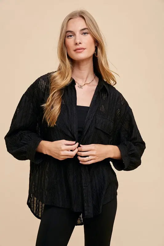 Annie Wear Openwork Button Down Drop Shoulder Shirt-Very Besty
