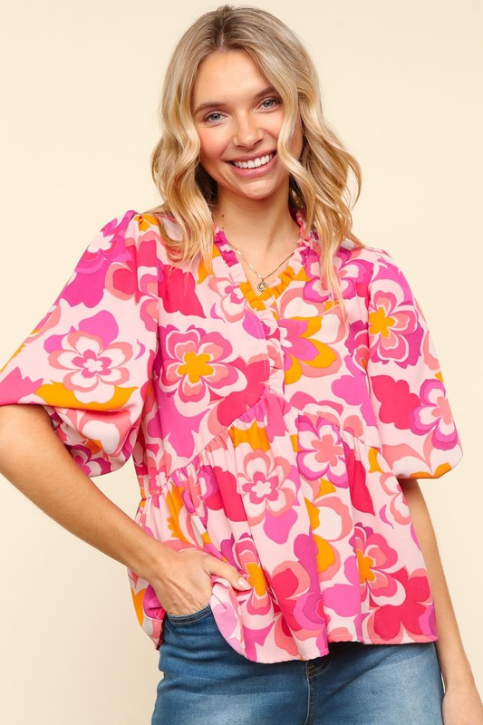 Haptics Full Size Frill Floral Puff Sleeve Blouse-Very Besty