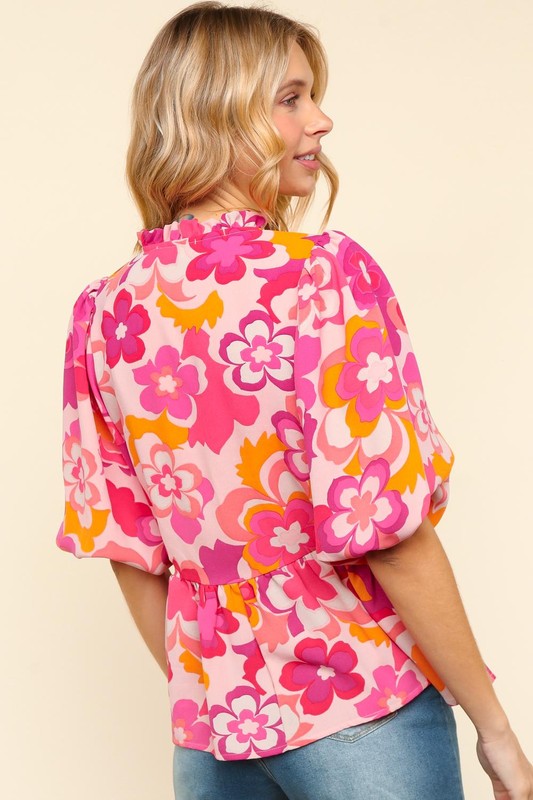 Haptics Full Size Frill Floral Puff Sleeve Blouse-Very Besty
