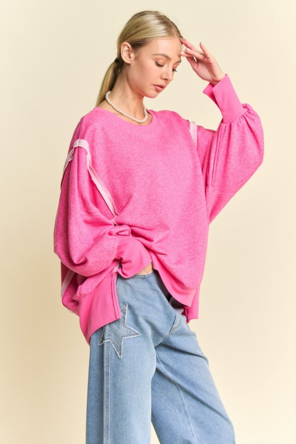 Davi & Dani Side Slit High-Low Lantern Sleeve Knit Top-Very Besty