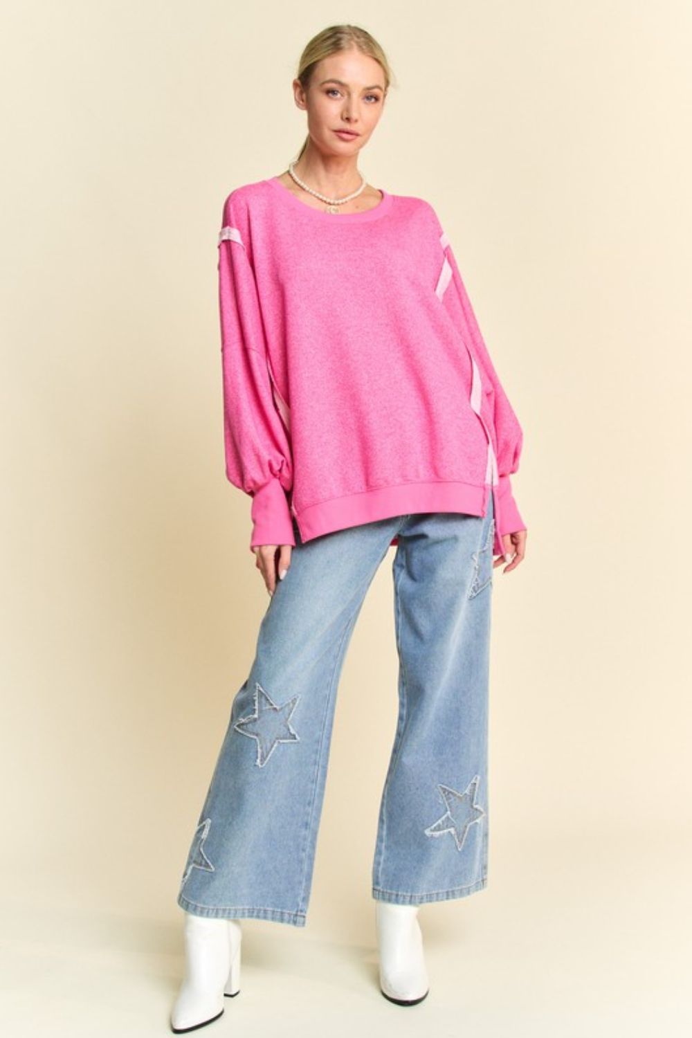 Davi & Dani Side Slit High-Low Lantern Sleeve Knit Top-Very Besty