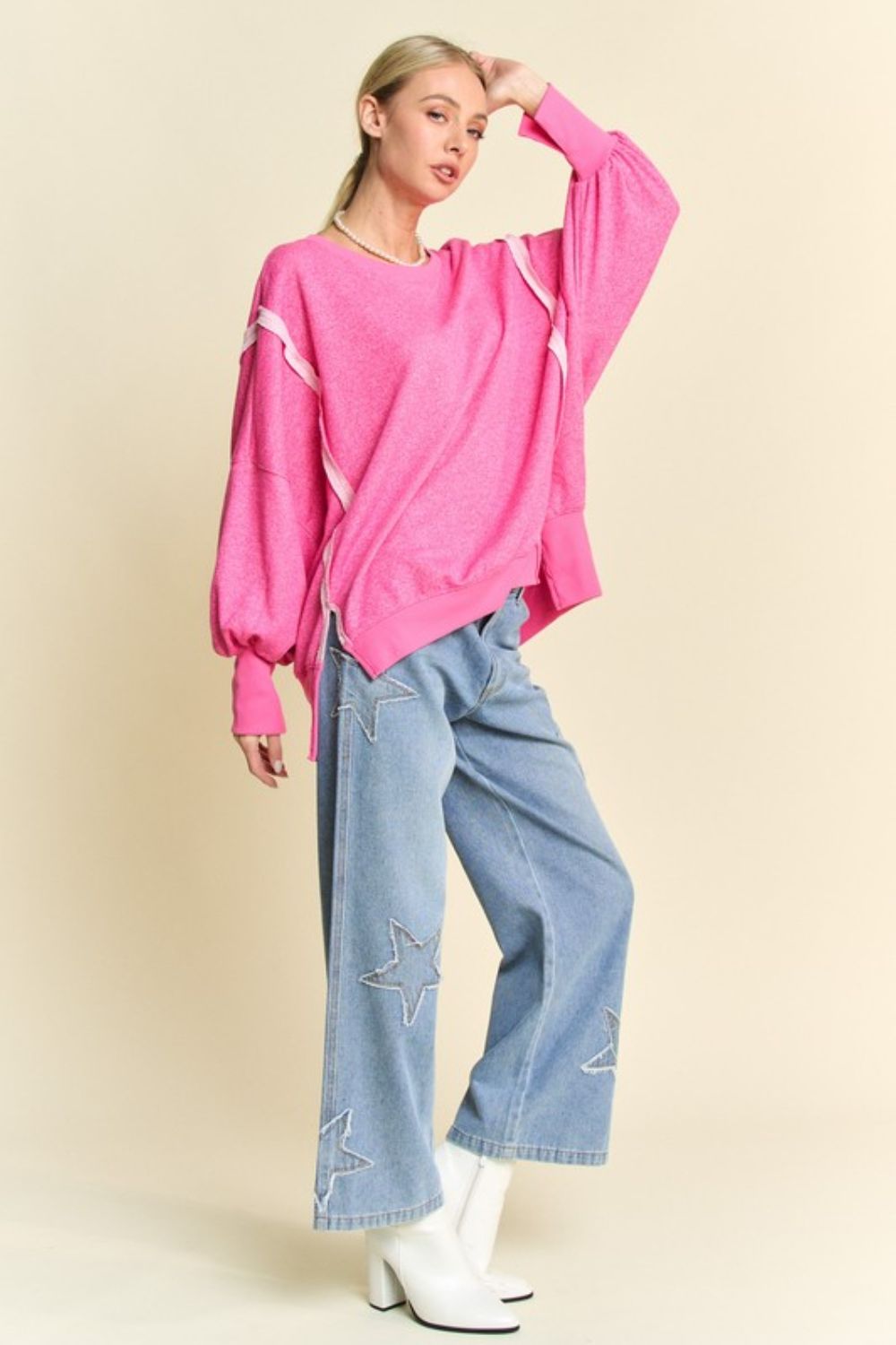 Davi & Dani Side Slit High-Low Lantern Sleeve Knit Top-Very Besty