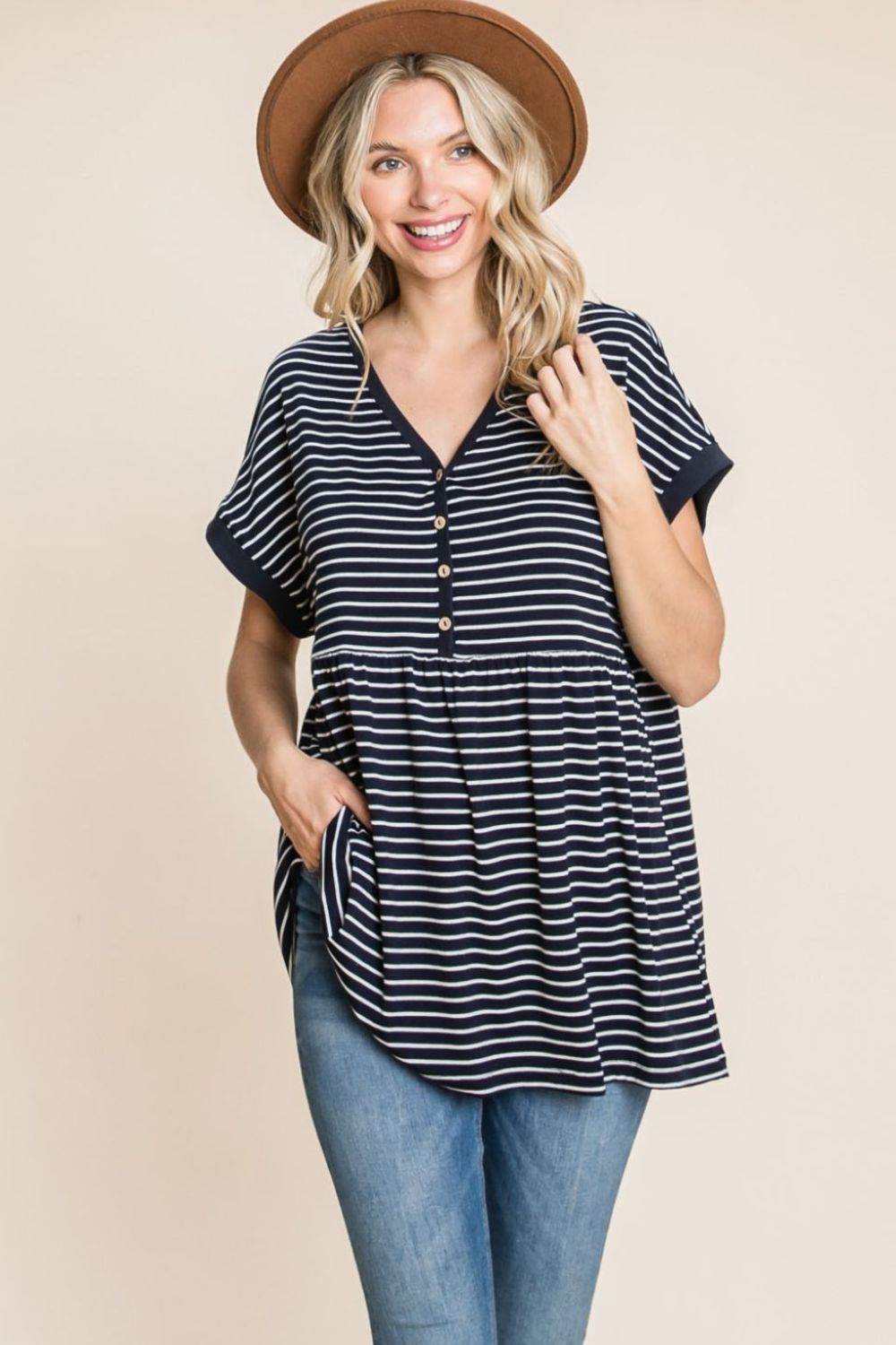 Cotton Bleu by Nu Label Striped Button Front Baby Doll Top-Very Besty