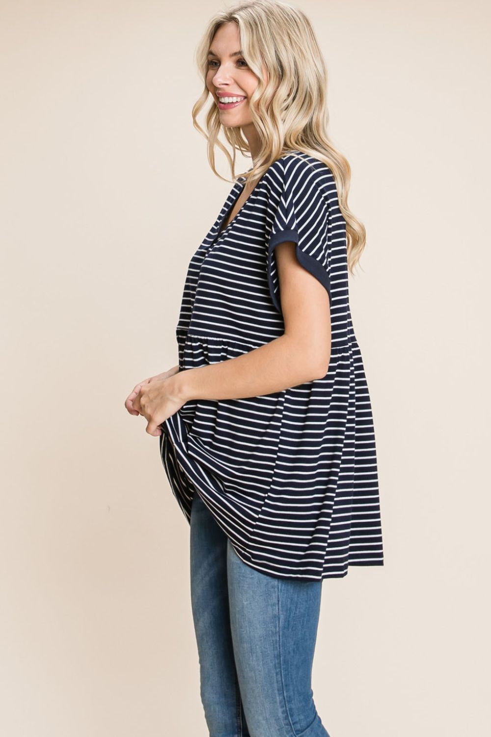 Cotton Bleu by Nu Label Striped Button Front Baby Doll Top-Very Besty