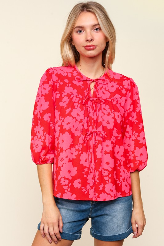 Haptics Full Size Ribbon Bow Floral Balloon Sleeve Blouse-Very Besty