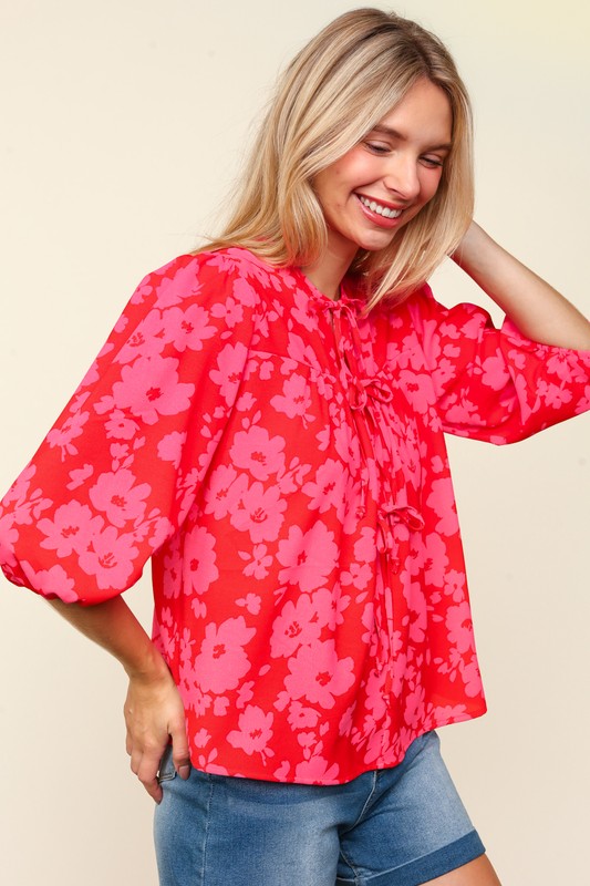 Haptics Full Size Ribbon Bow Floral Balloon Sleeve Blouse-Very Besty