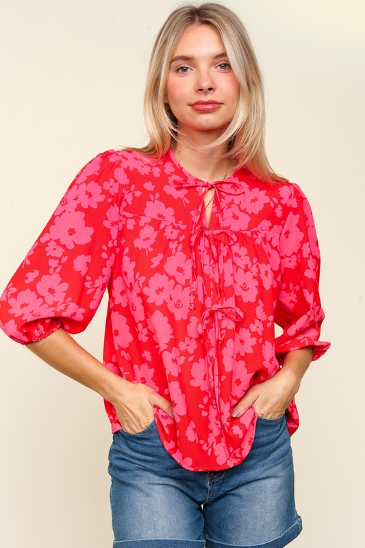 Haptics Full Size Ribbon Bow Floral Balloon Sleeve Blouse-Very Besty