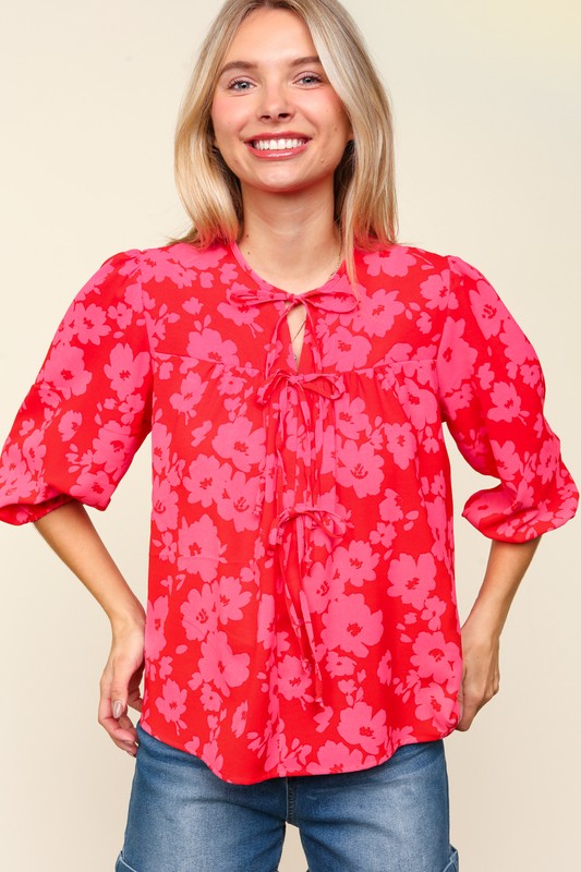 Haptics Full Size Ribbon Bow Floral Balloon Sleeve Blouse-Very Besty