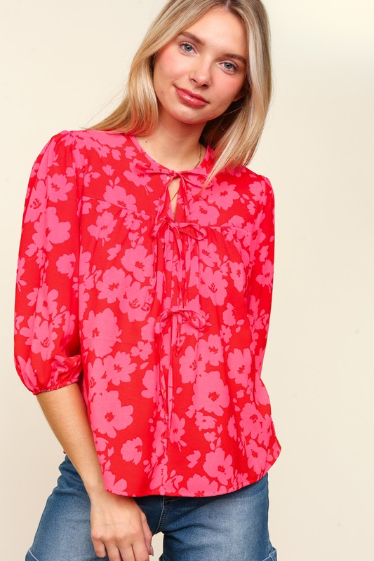 Haptics Full Size Ribbon Bow Floral Balloon Sleeve Blouse-Very Besty