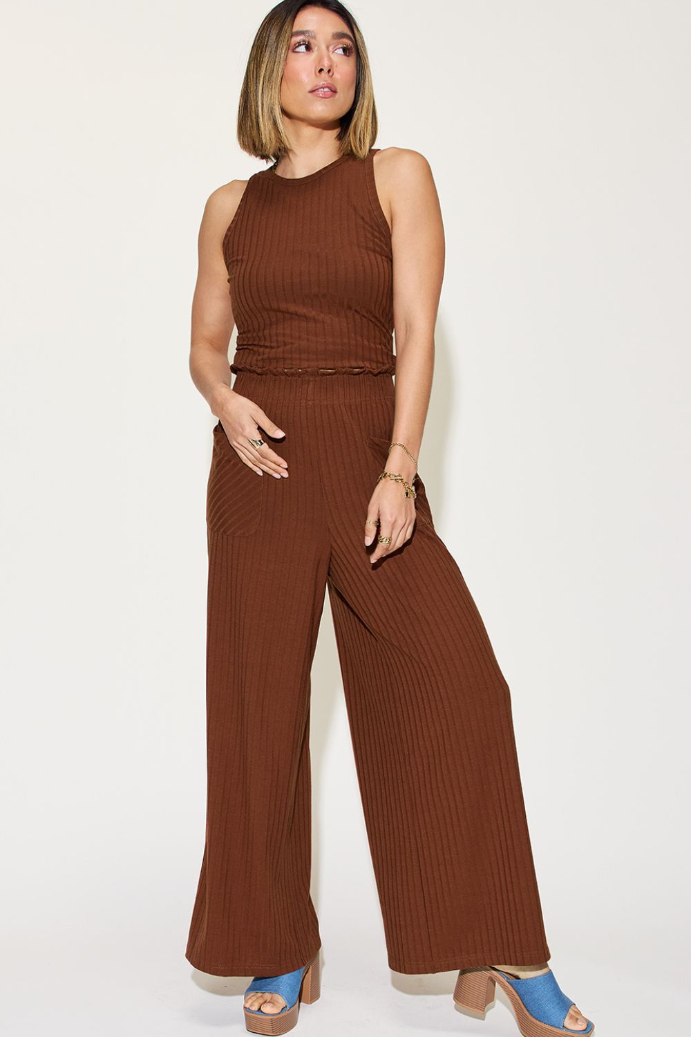 Basic Bae Full Size Ribbed Tank and Wide Leg Pants Set-Very Besty