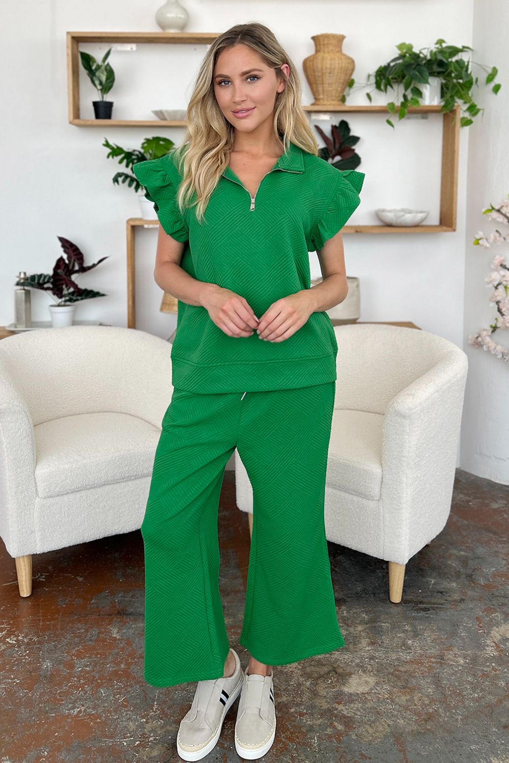 Double Take Texture Ruffle Short Sleeve Top and Drawstring Wide Leg Pants Set-Very Besty