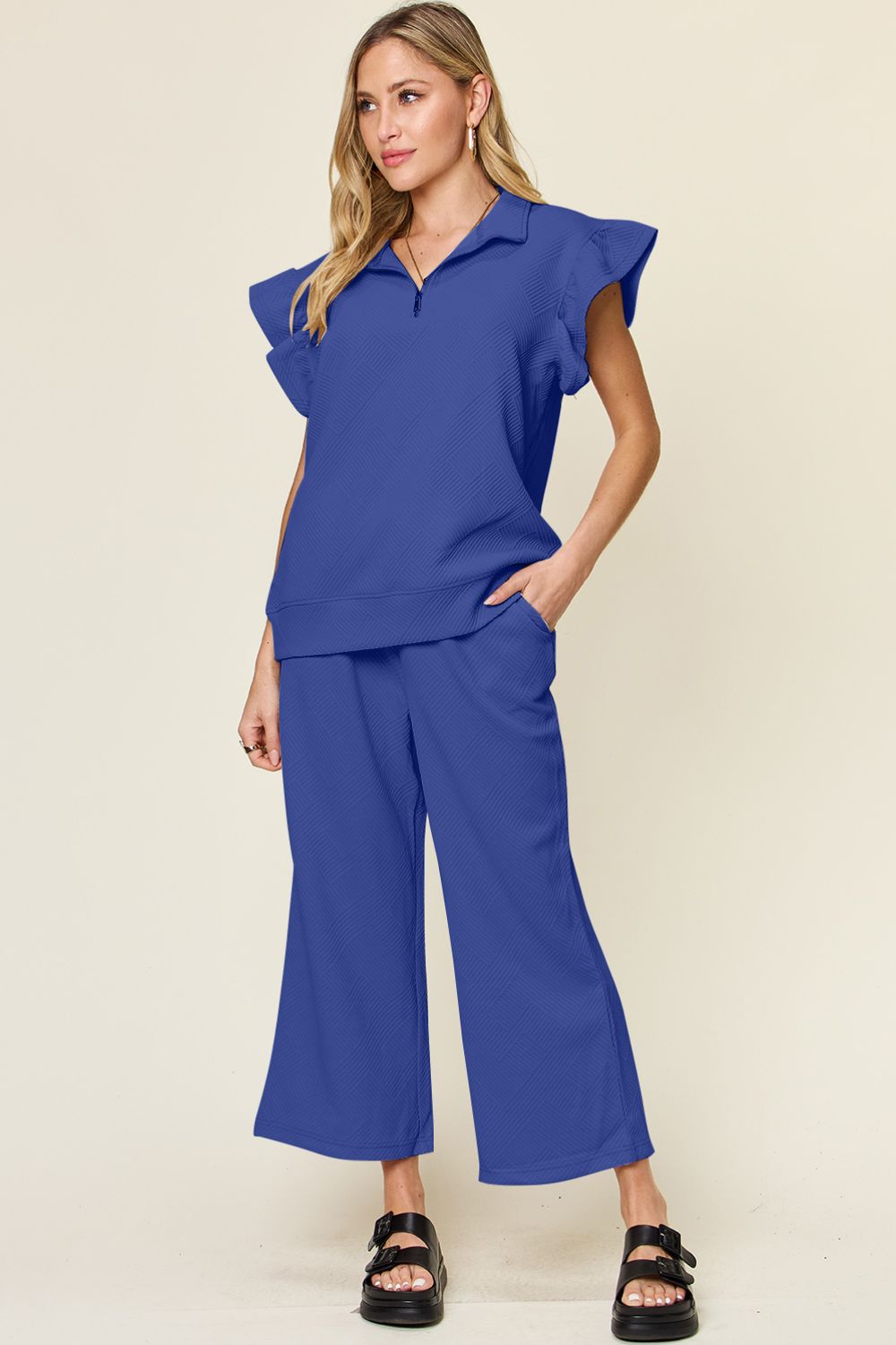 Double Take Texture Ruffle Short Sleeve Top and Drawstring Wide Leg Pants Set-Very Besty