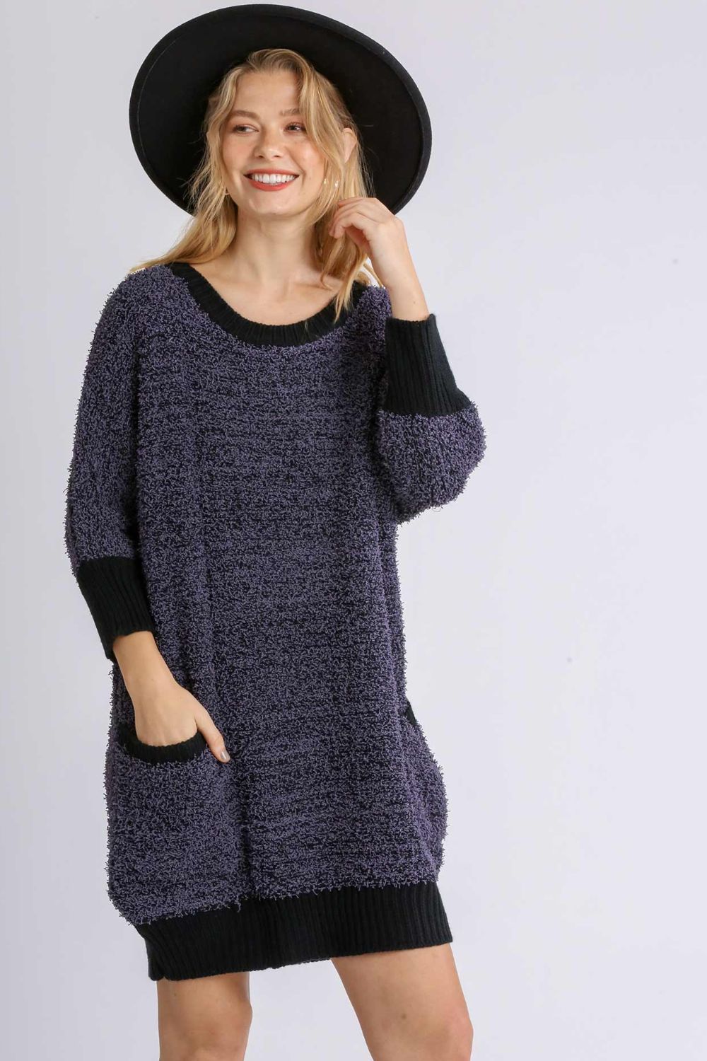 Umgee Full Size Ribbed Hem Round Neck 3/4 Sleeve Sweater Dress with Pockets Plus Size-Very Besty