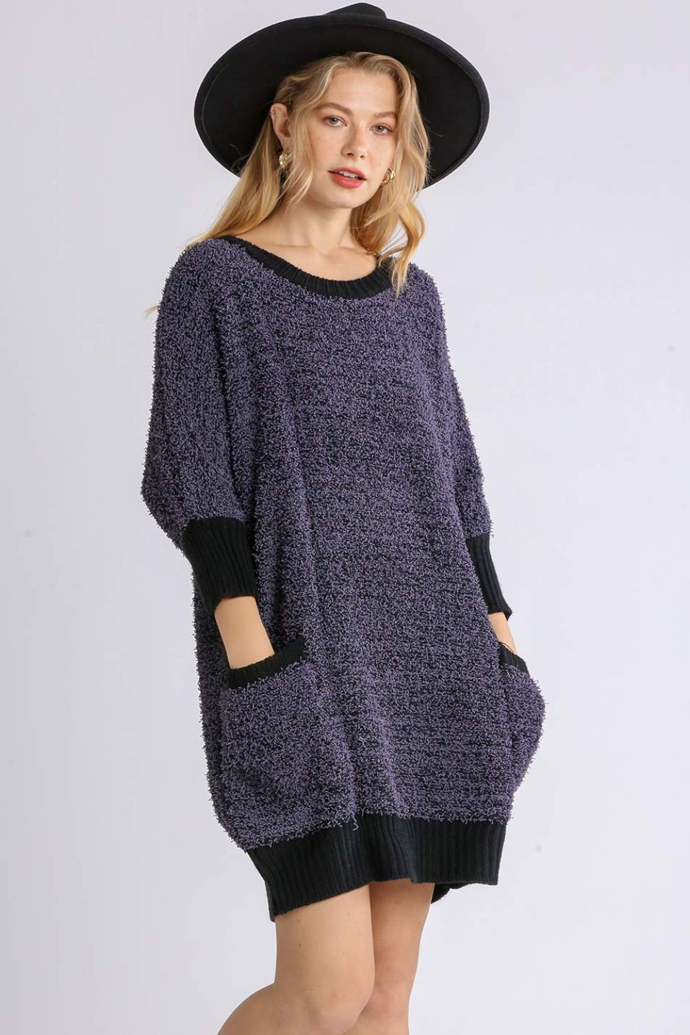 Umgee Full Size Ribbed Hem Round Neck 3/4 Sleeve Sweater Dress with Pockets Plus Size-Very Besty