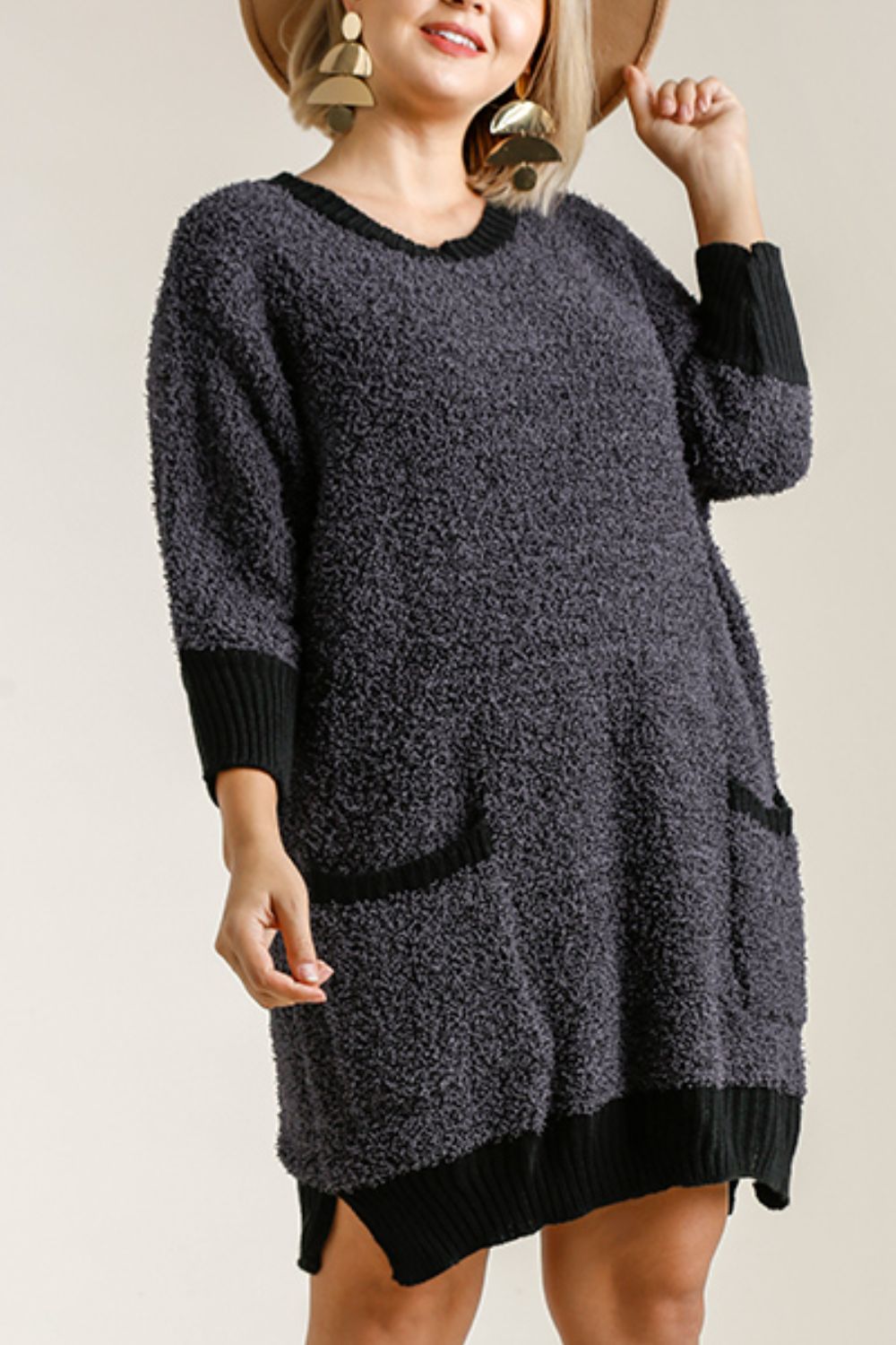 Umgee Full Size Ribbed Hem Round Neck 3/4 Sleeve Sweater Dress with Pockets Plus Size-Very Besty