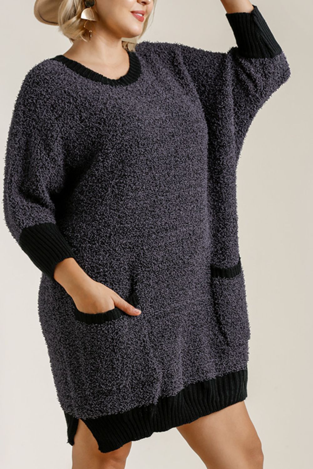 Umgee Full Size Ribbed Hem Round Neck 3/4 Sleeve Sweater Dress with Pockets Plus Size-Very Besty