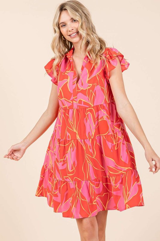 Mittoshop Leaf Print Ruffle Sleeve Tiered Mini Dress-Very Besty