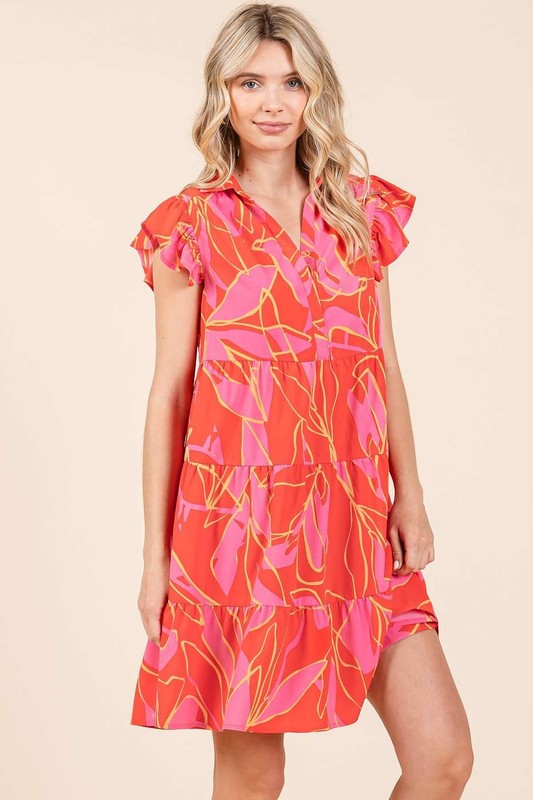 Mittoshop Leaf Print Ruffle Sleeve Tiered Mini Dress-Very Besty