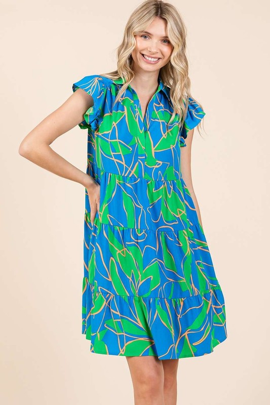 Mittoshop Leaf Print Ruffle Sleeve Tiered Mini Dress-Very Besty
