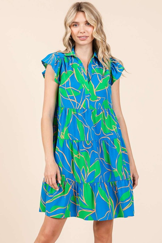 Mittoshop Leaf Print Ruffle Sleeve Tiered Mini Dress-Very Besty