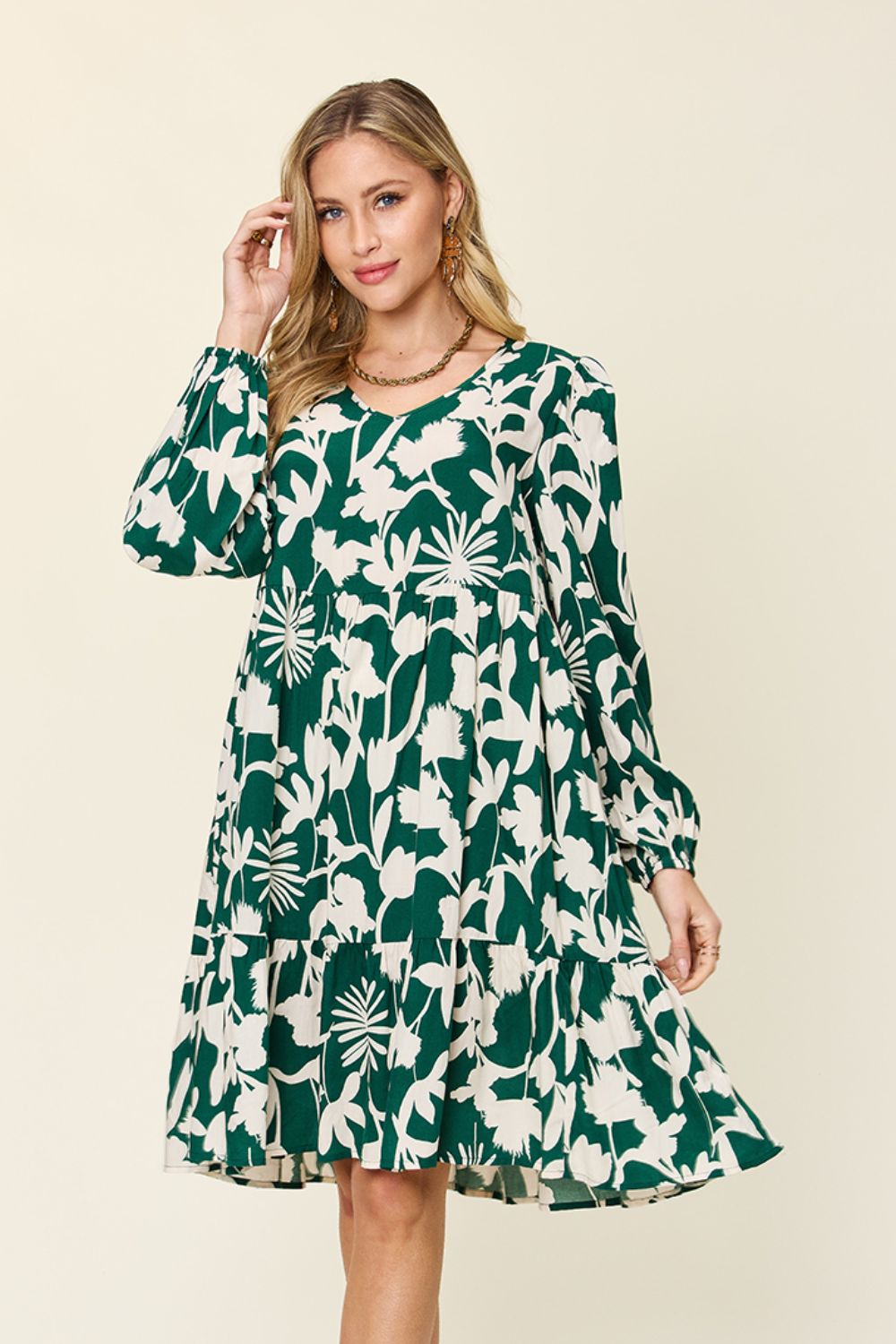Double Take Full Size Printed Ruffle Hem Dress with Pocket-Very Besty