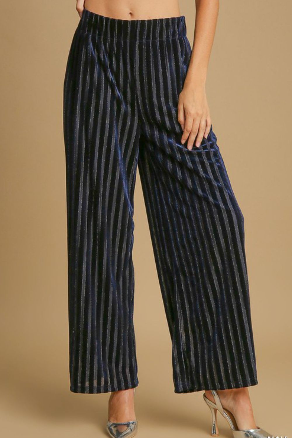 Umgee Full Size Elastic Waist Striped Wide Leg Velvet Pants-Very Besty