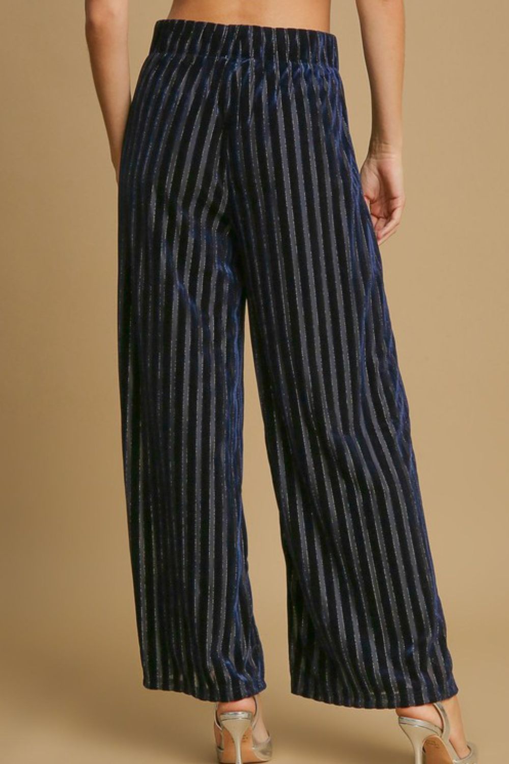 Umgee Full Size Elastic Waist Striped Wide Leg Velvet Pants-Very Besty
