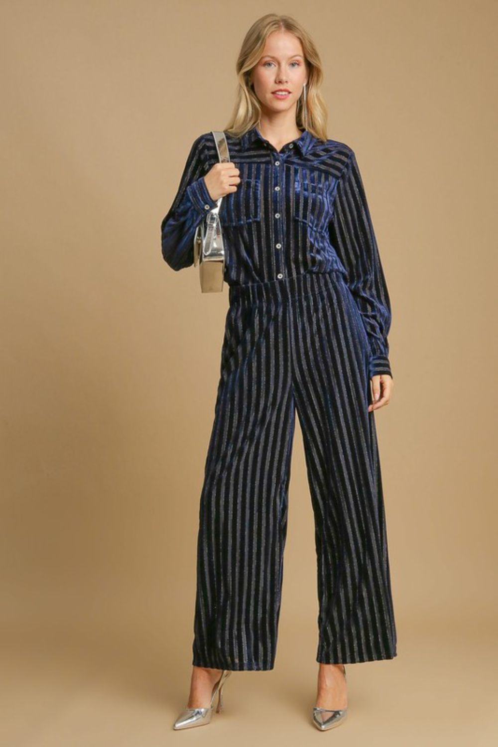 Umgee Full Size Elastic Waist Striped Wide Leg Velvet Pants-Very Besty