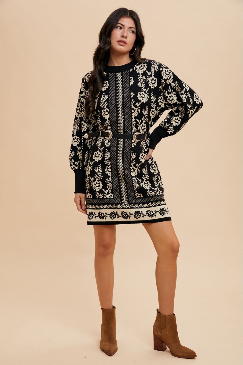 Annie Wear Floral Jacquard Round Neck Sweater Dress-Very Besty