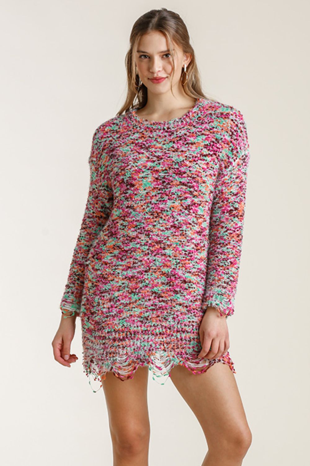 Umgee Full Size Distressed Hem Multicolored Round Neck Knit Tunic Dress Plus Size-Very Besty