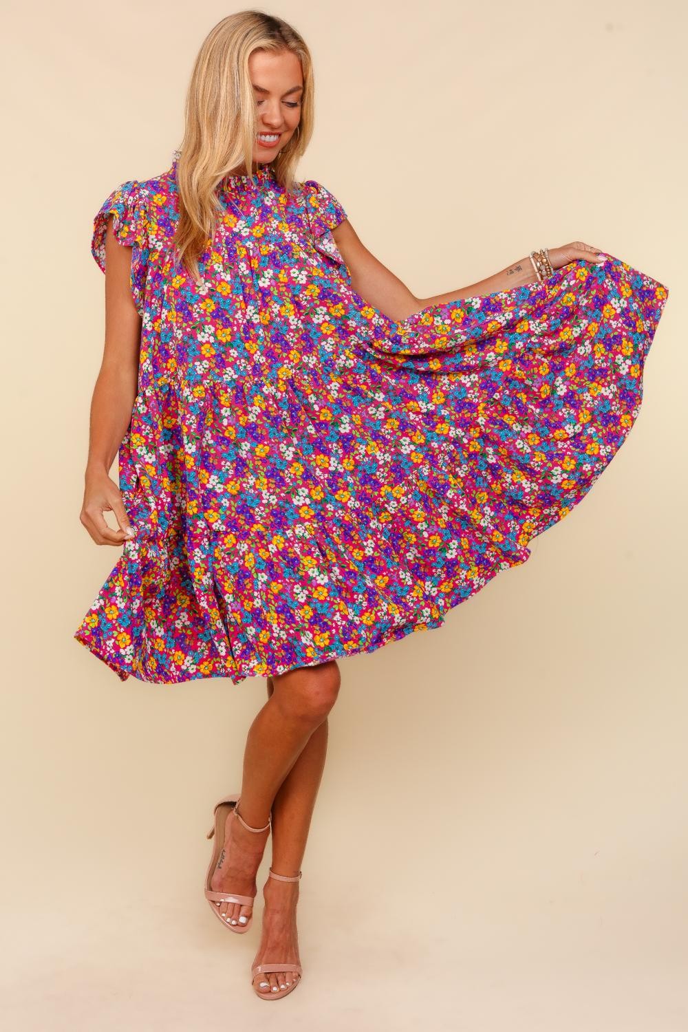 Haptics Frilled Mock Neck Ditsy Floral Dress-Very Besty