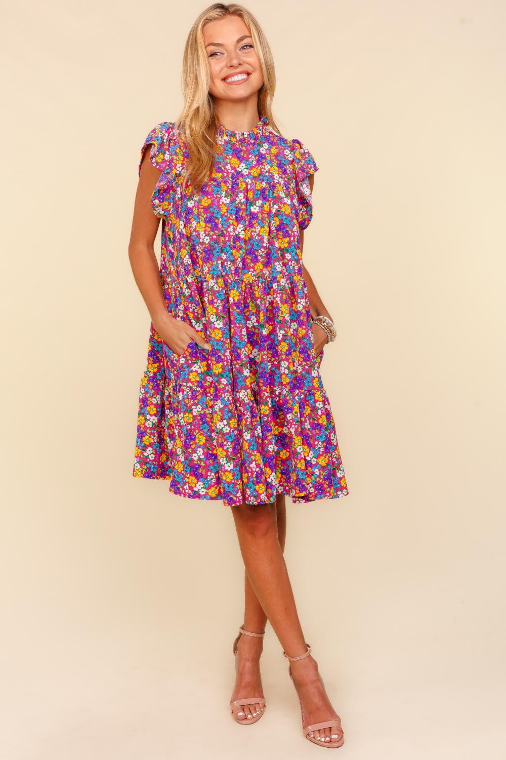 Haptics Frilled Mock Neck Ditsy Floral Dress-Very Besty