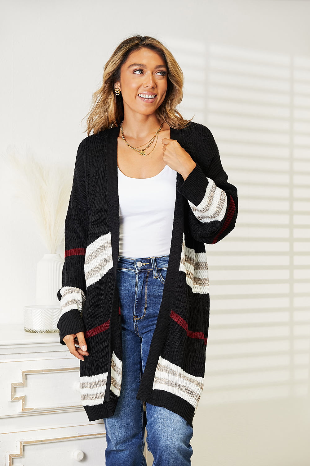 Perfee Striped Rib-Knit Drop Shoulder Open Front Cardigan-Very Besty