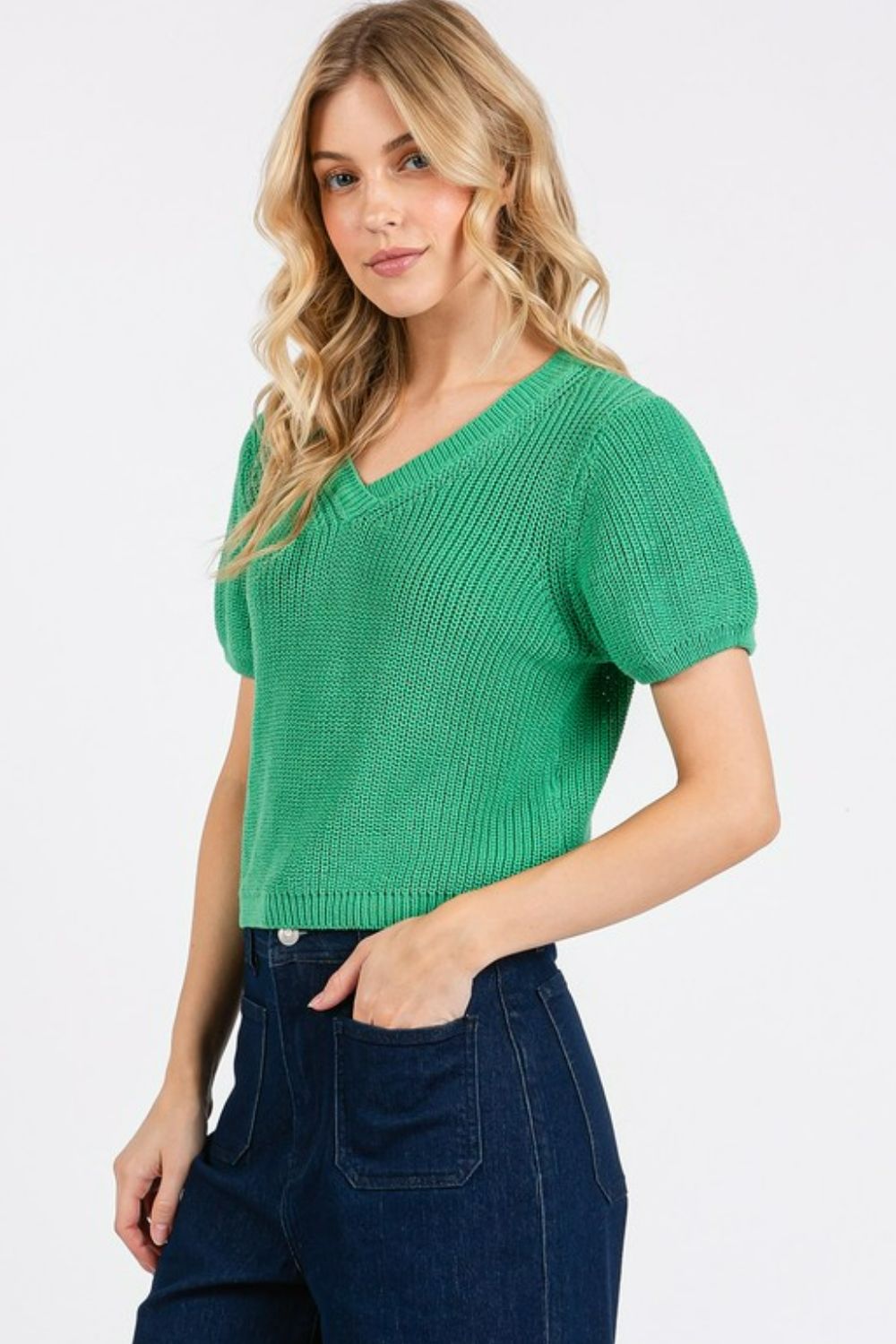 Mittoshop V-Neck Short Sleeve Crop Sweater-Very Besty