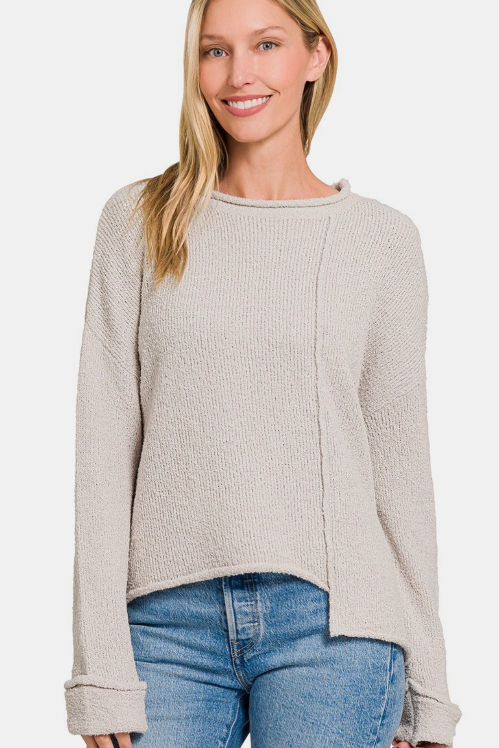 Zenana Asymmetric Hem Drop Shoulder Sweater-Very Besty