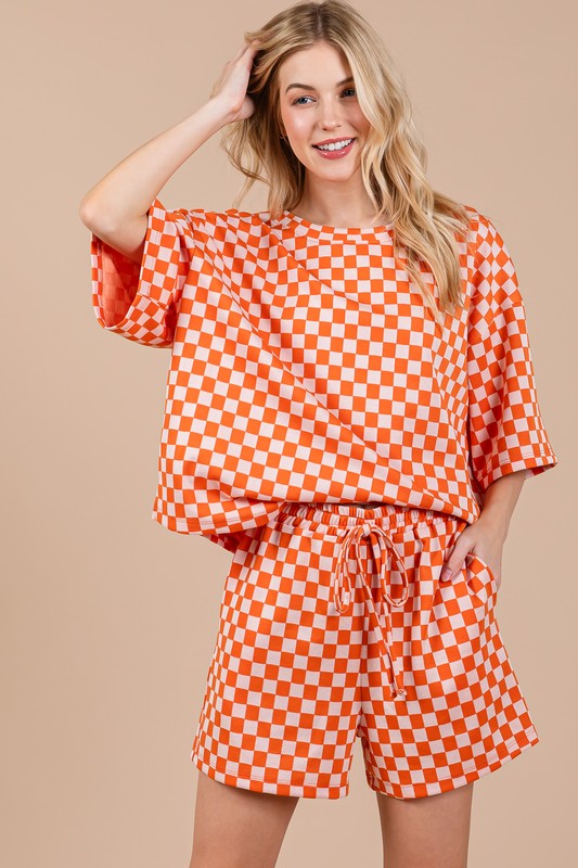 Ces Femme Checkered Round Neck Top and Shorts Set-Very Besty