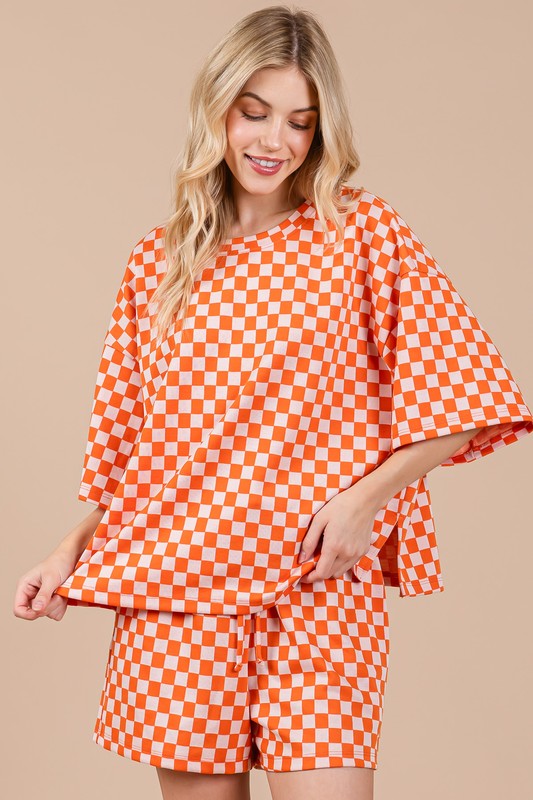 Ces Femme Checkered Round Neck Top and Shorts Set-Very Besty