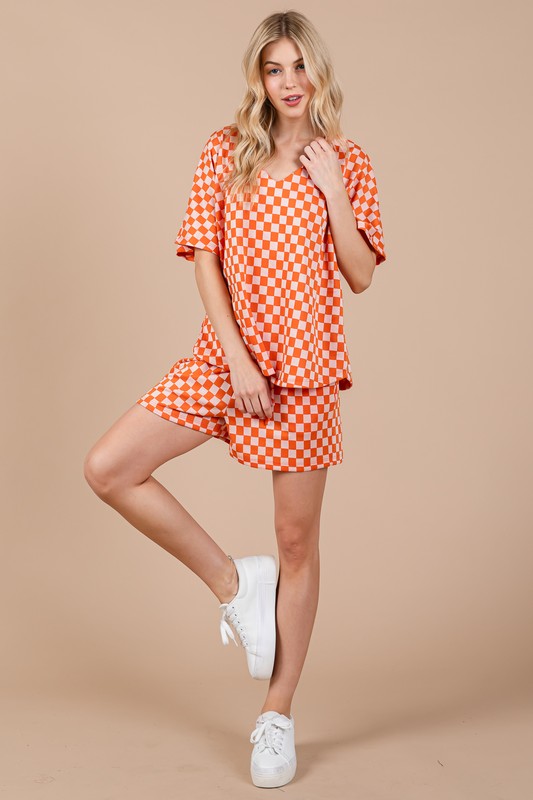Ces Femme Checkered Round Neck Top and Shorts Set-Very Besty